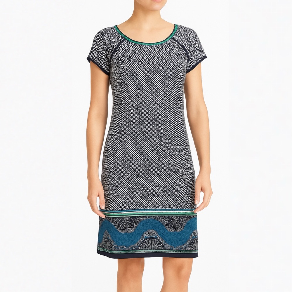 Max Studio Geometric Print Sheath Dress Black White Teal Border Sz L